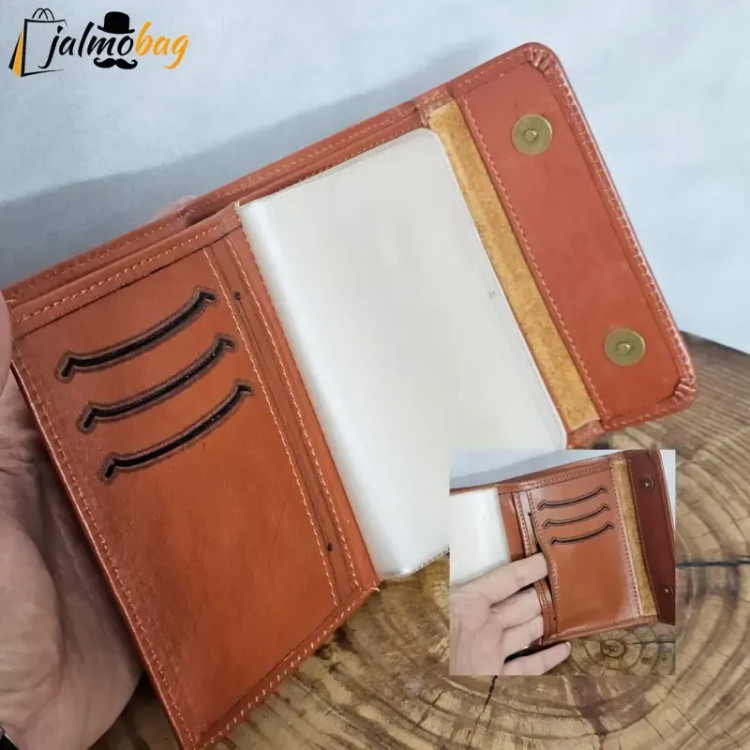 کیف پول و جامدارکی مردانه چرم اصل گاوی دو دکمه با 18 جاکارتی