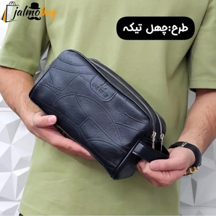 کیف دستی مردانه اسپرت طرحدار چرم صنعتی دو خانه بند دستی
