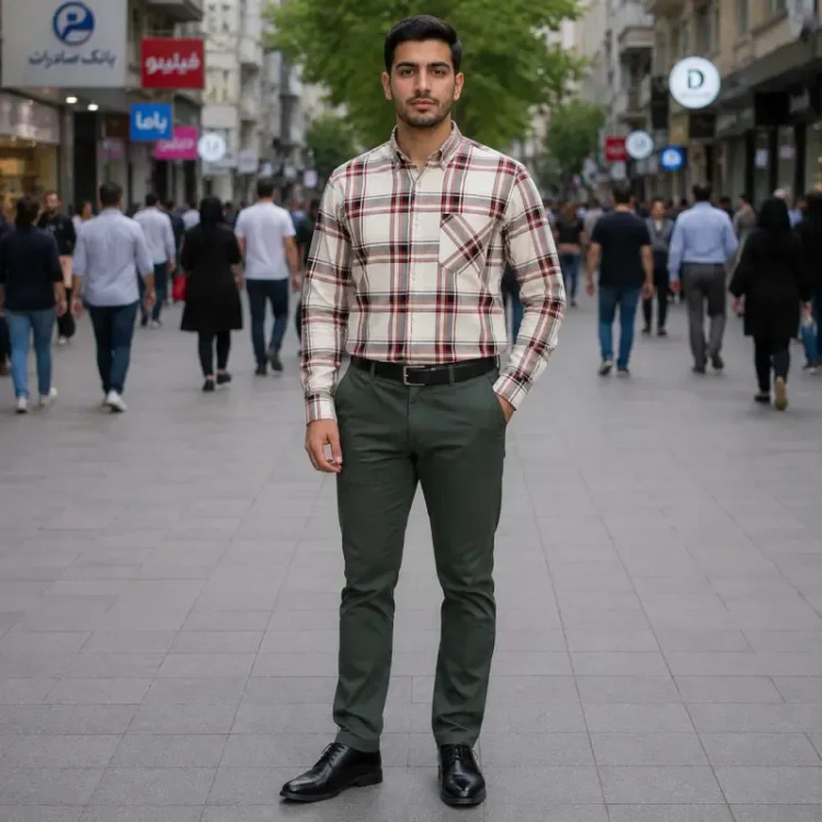پیراهن آستین بلند مردانه نخی چهارخانه قواره آزاد جنس نخ پنبه