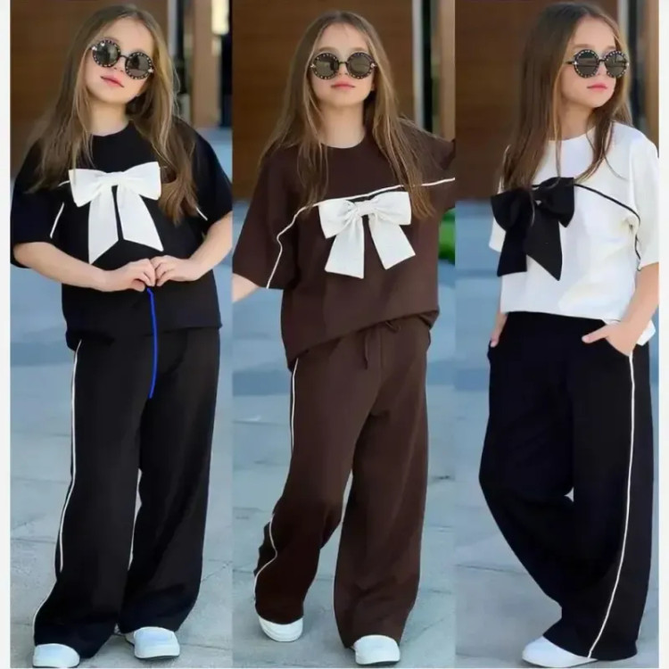 ست تیشرت و شلوار دخترانه پاپیون دوتیکه مغزی دوزی شده جنس دونخ پنبه 100% در سه رنگ سفید مشکی قهوه ای
