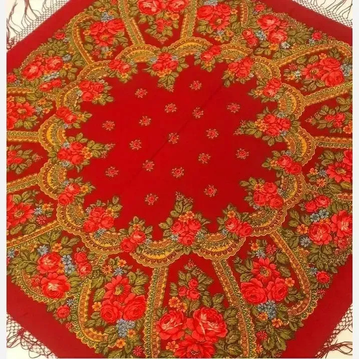 روسری ترکمنی پشمی قرمز قواره 148 برند پاولوف پوساد روسیه