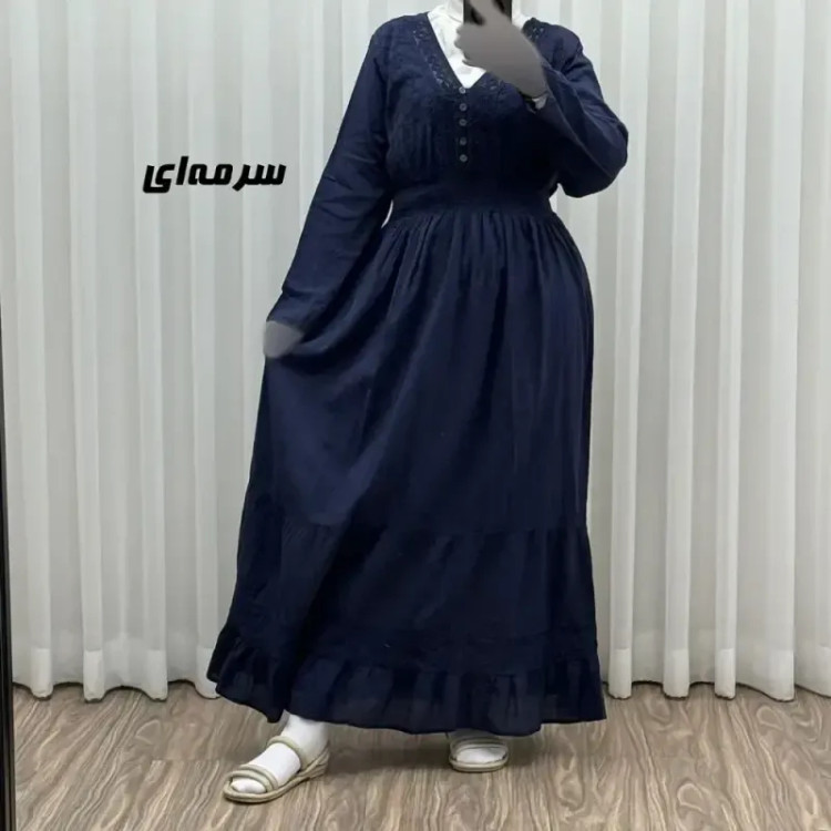 پیراهن ساحلی زنانه آستین بلند نخی تافته فری سایز مدل سلن دکمه دار آستردار