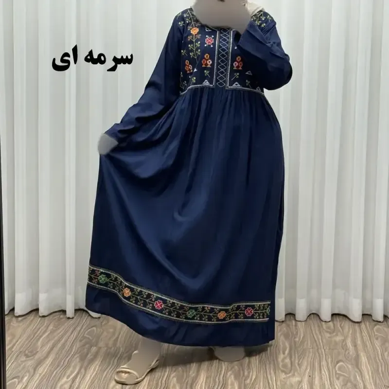 پیراهن نخی هندی سلن گلدوزی فری سایز تا 50 کمربنددار چهارفصل زنانه شیک