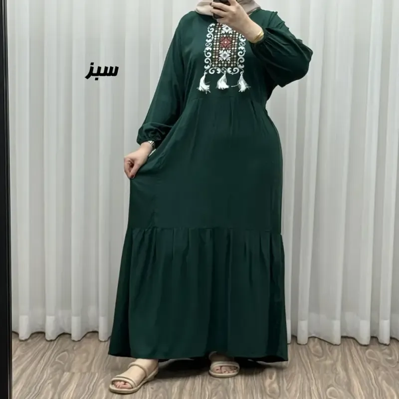 پیراهن نخی زنانه و دخترانه بلند منگولهدار فری سایز تا 50