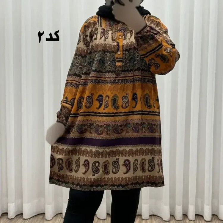 تونیک سایزبزرگ وارداتی مدل ترمه افقی کد 1617 جنس نخی چهارفصل زنانه سایز 6 تا 8