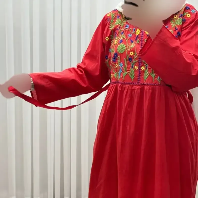 پیراهن نخی زنانه فری سایز تا 46 گلدوزی شده شیک و راحت کمربند دار چهارفصل