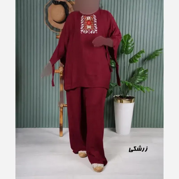 ست بلوز و شلوار نخی زنانه مدل سنتی فری سایز مناسب تا 48