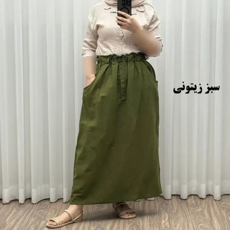 دامن لینن زنانه و دخترانه فری سایز مناسب تا سایز 48 قد 93 سانتیمتر
