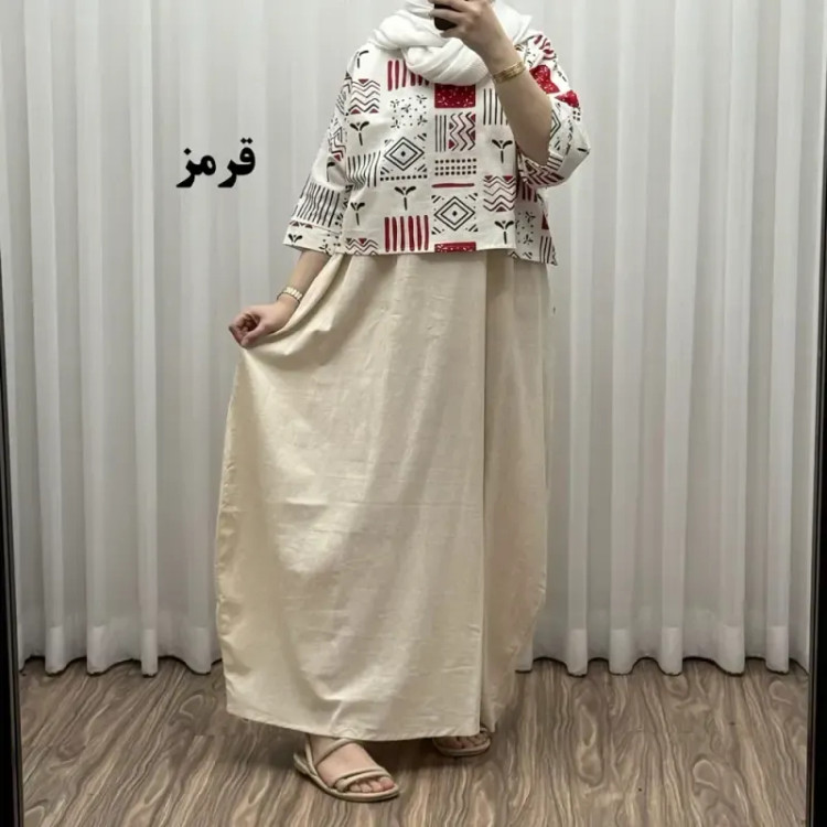 ست کراپ و سارافون لینن زنانه فری سایز مناسب تا 48